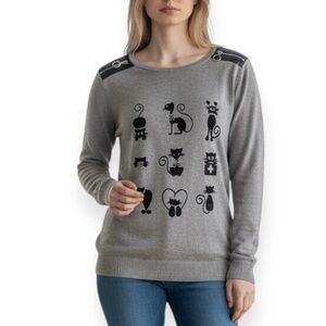 Taupe Sweater with Black Cat Design